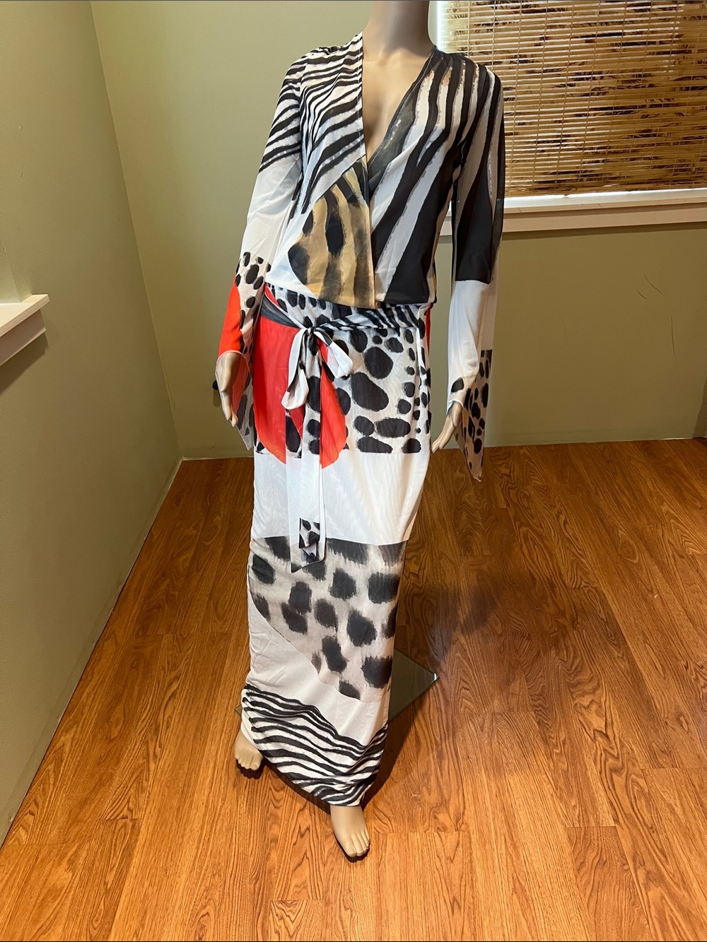 Faux Wrap Abstract Animal Print Maxi Dress with Red Accents Size L